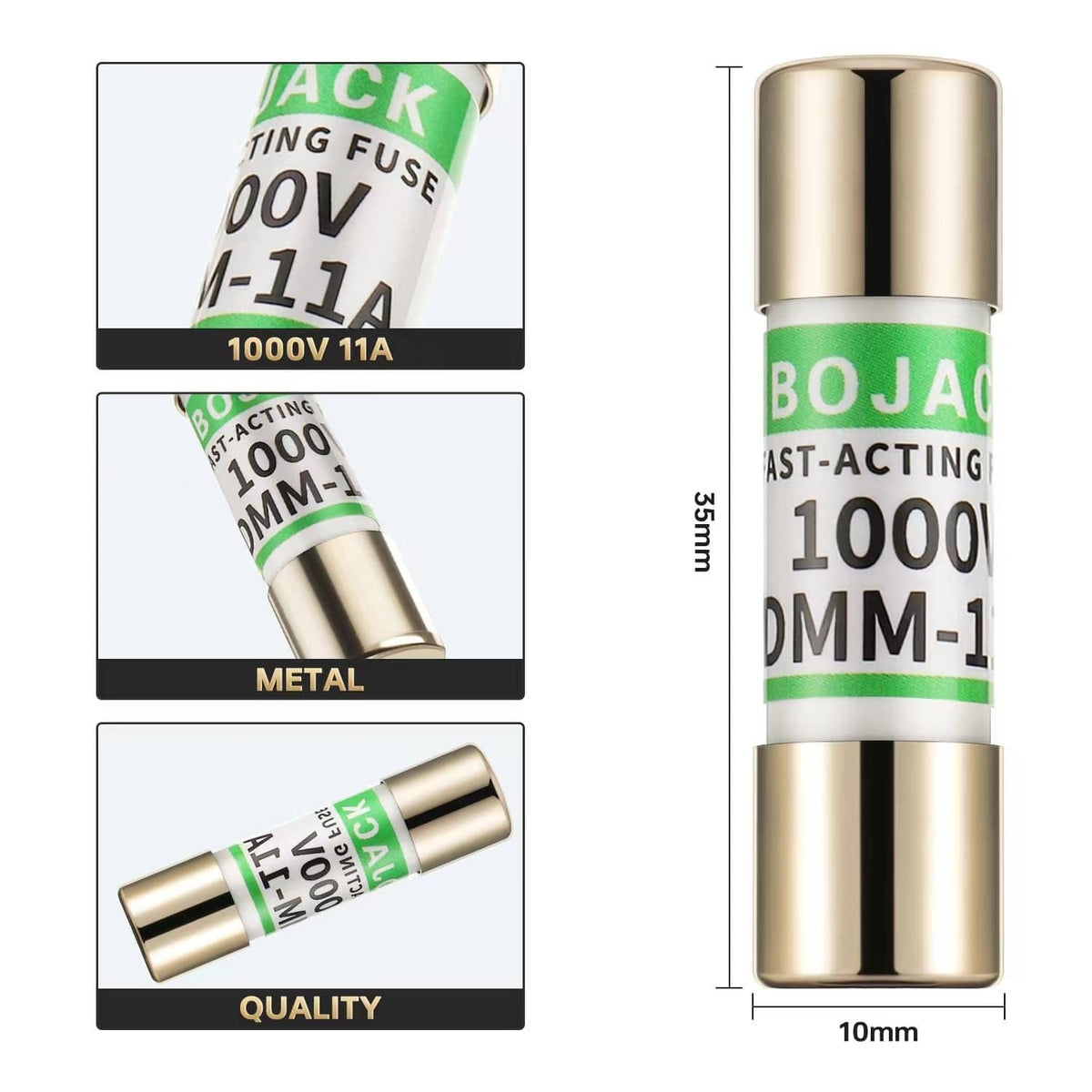 Single multimeter fuse, brass body with green band; 1000V DMM-11A label, 10mm