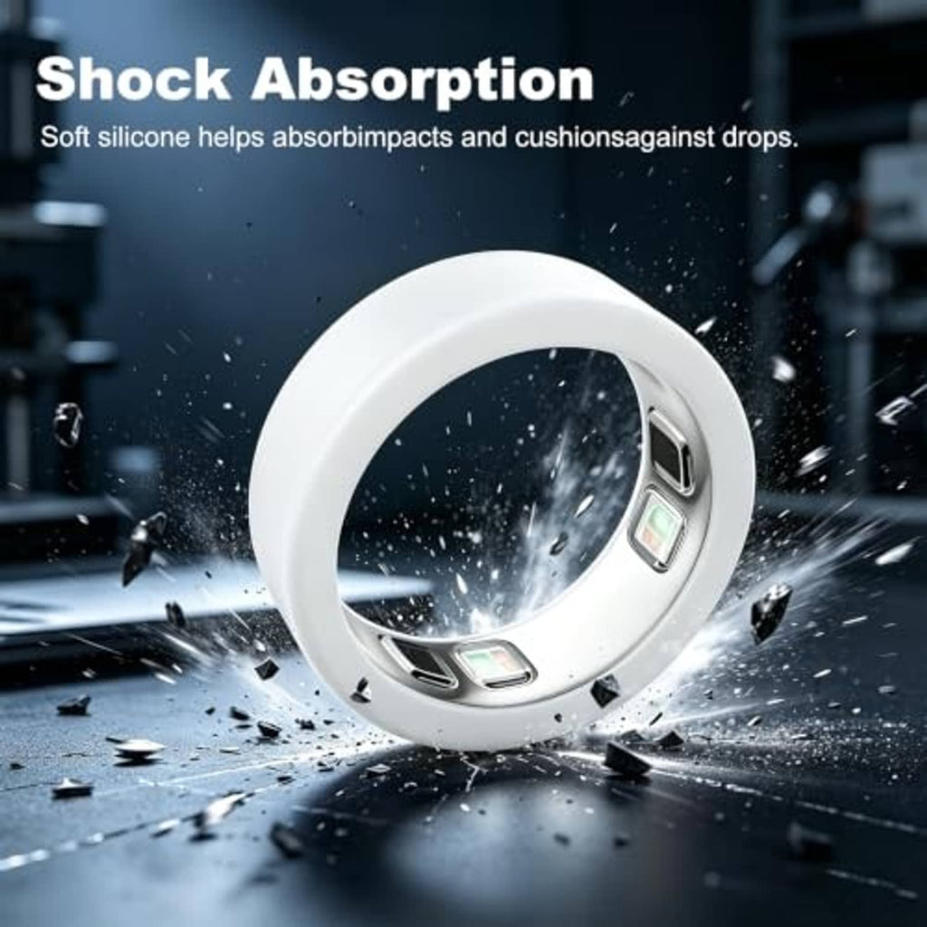 White silicone ring cover with cushioned design, shown amid impact debris