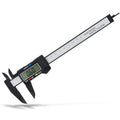 Black digital caliper with LCD display, measurement scale, and external measuring jaws