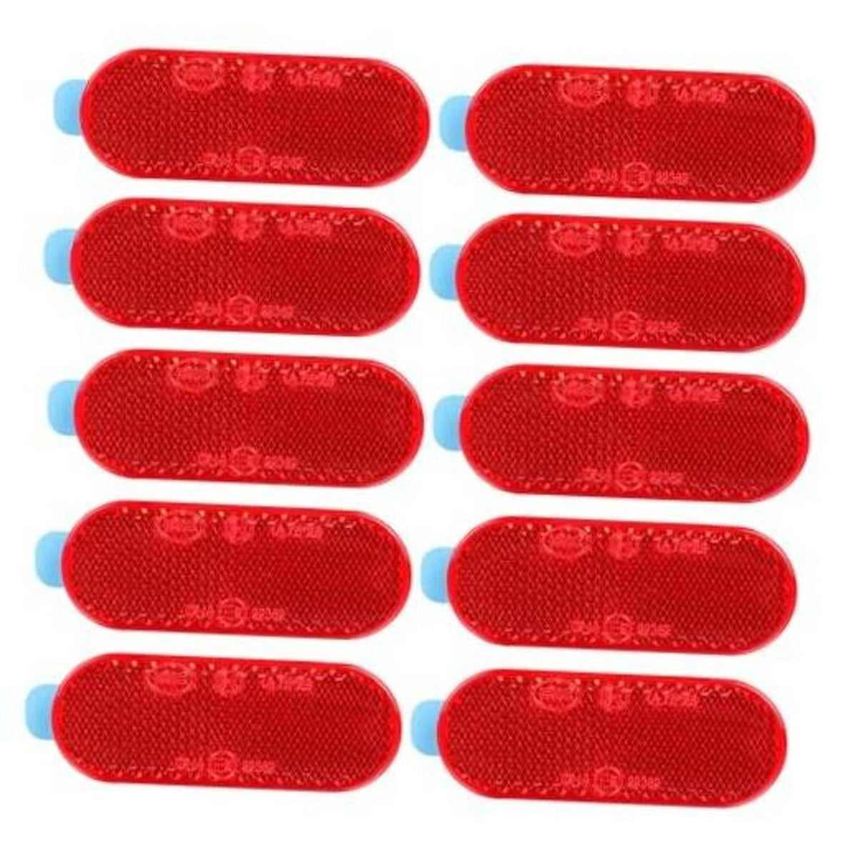 Set of 10 red oval self-adhesive road reflectors with blue backing tabs