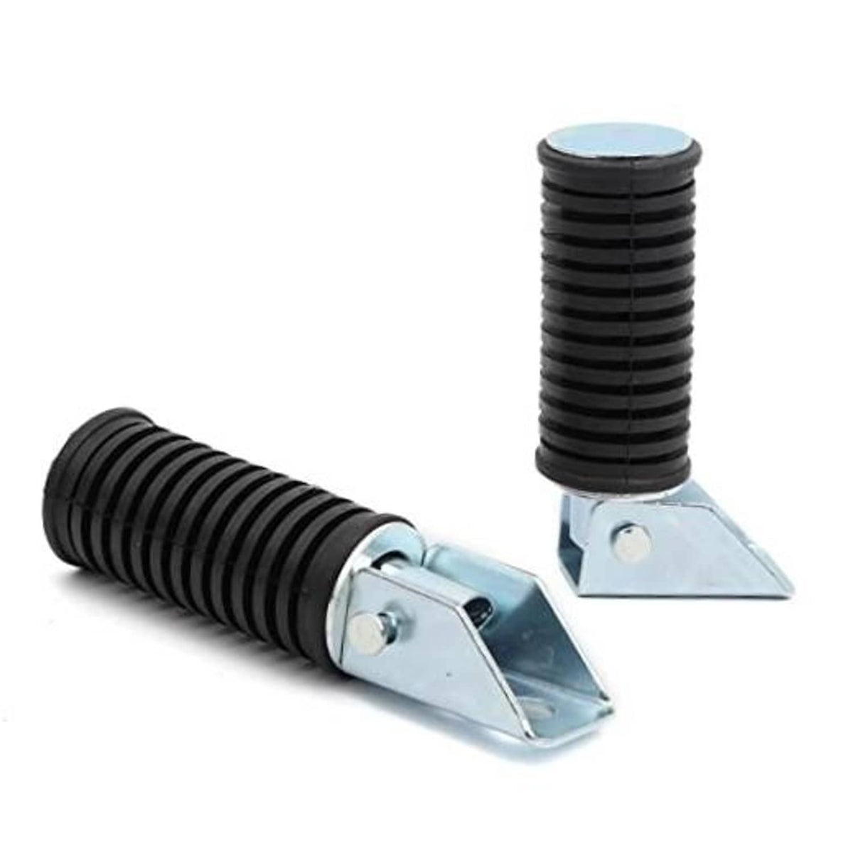 Folding mini bike foot pegs with black ribbed rubber grips and silver metal brackets