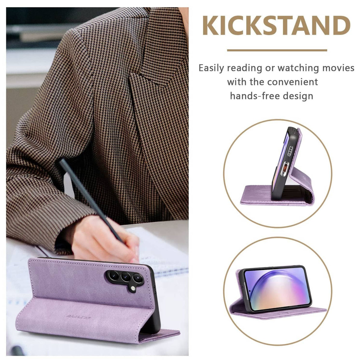 Lavender purple phone wallet case with kickstand stand and camera cut-out; phone screen shown.