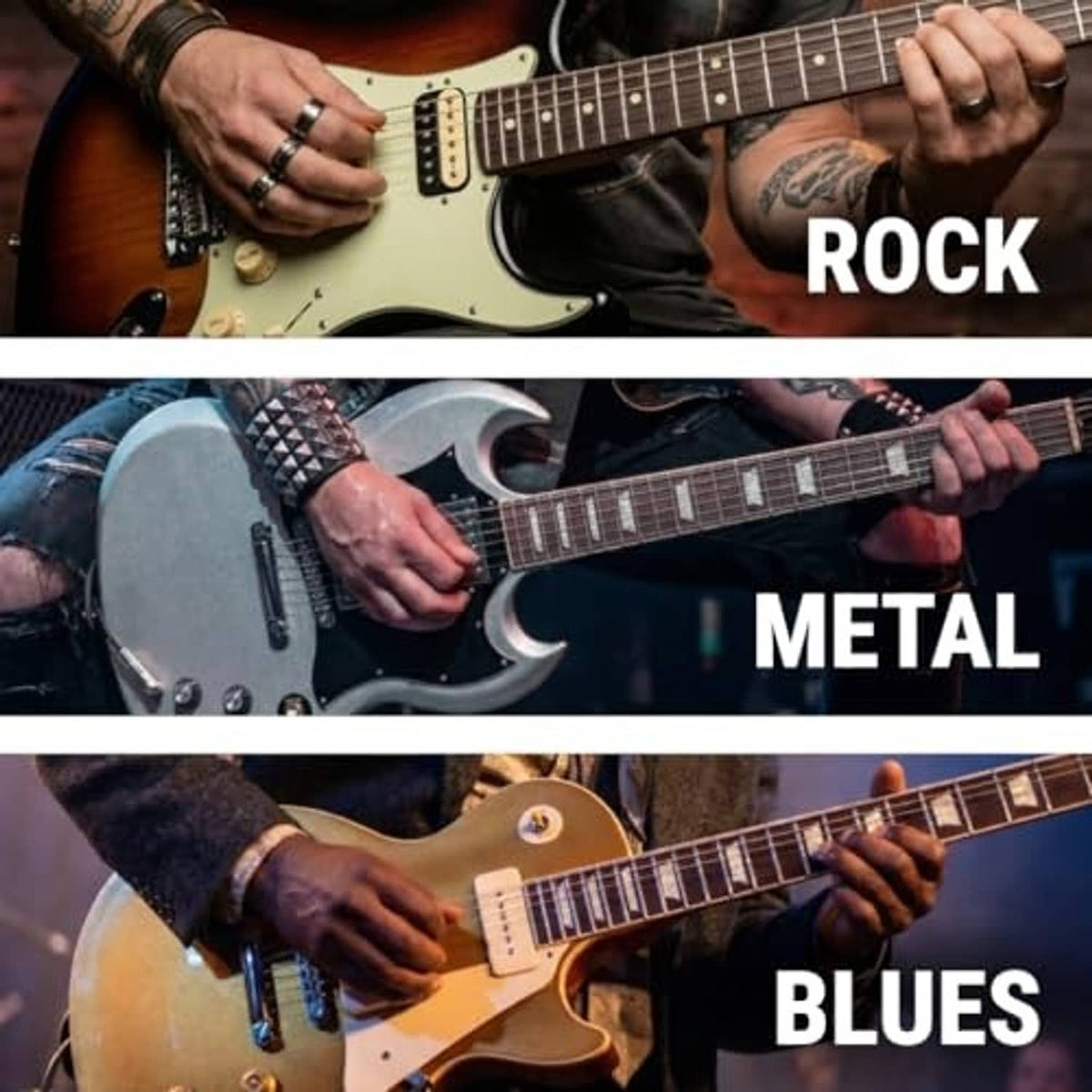 Guitar potentiometer compatibility shown with electric guitars for music styles