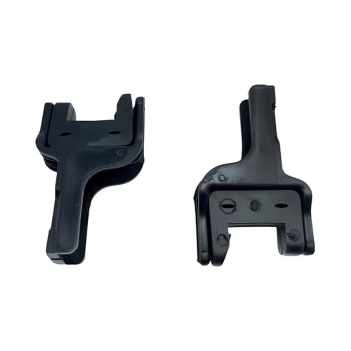 Upper radiator bracket insulator clips, black plastic mounting bases with connector recesses