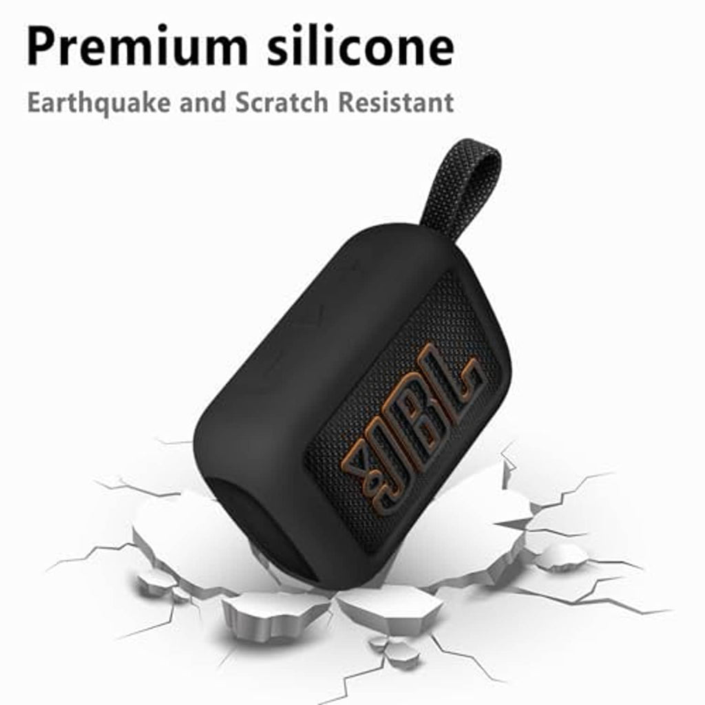 Black silicone speaker case cover with textured panel and JBL logo; strap attached