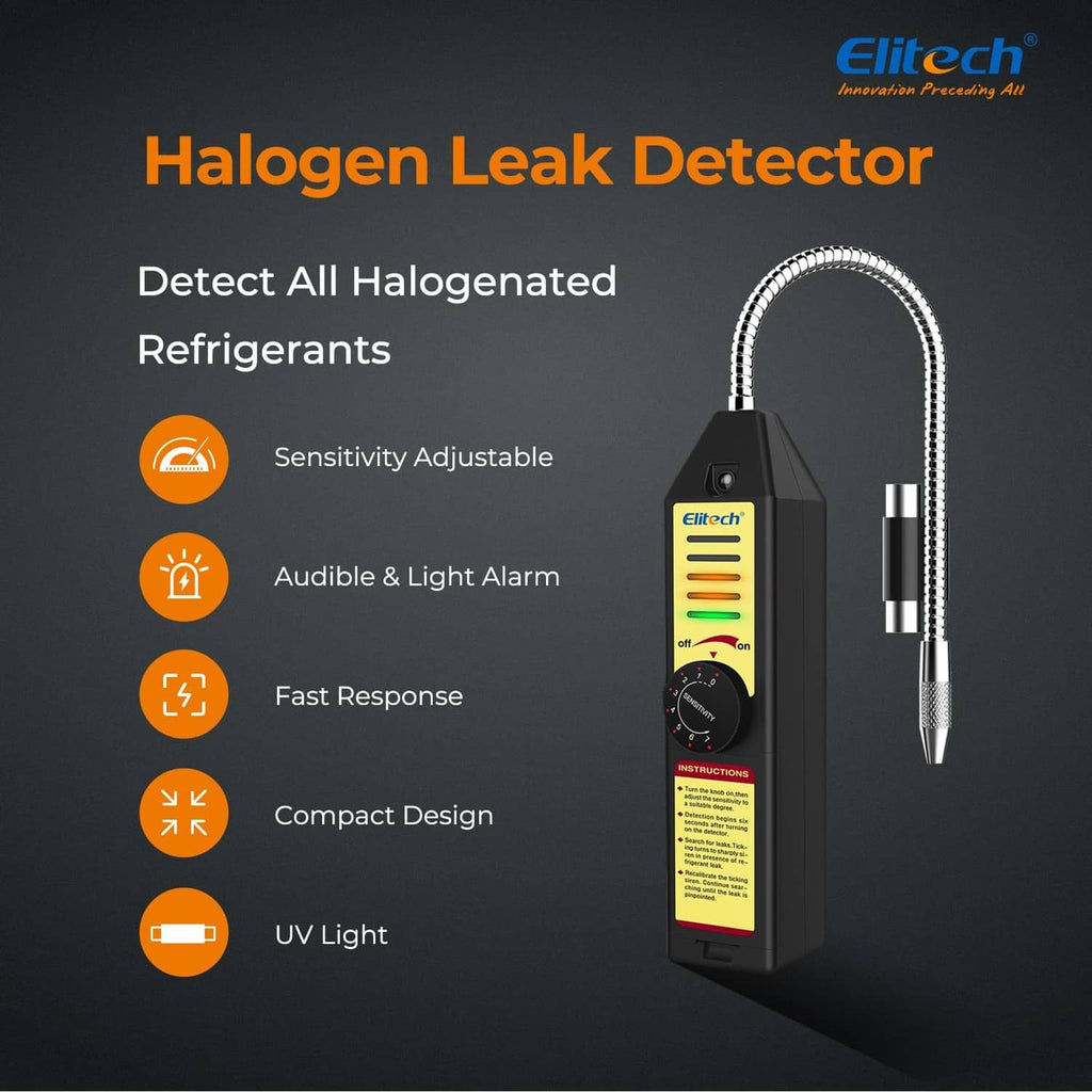 Halogen leak detector with flexible probe and adjustable sensitivity dial on dark housing.