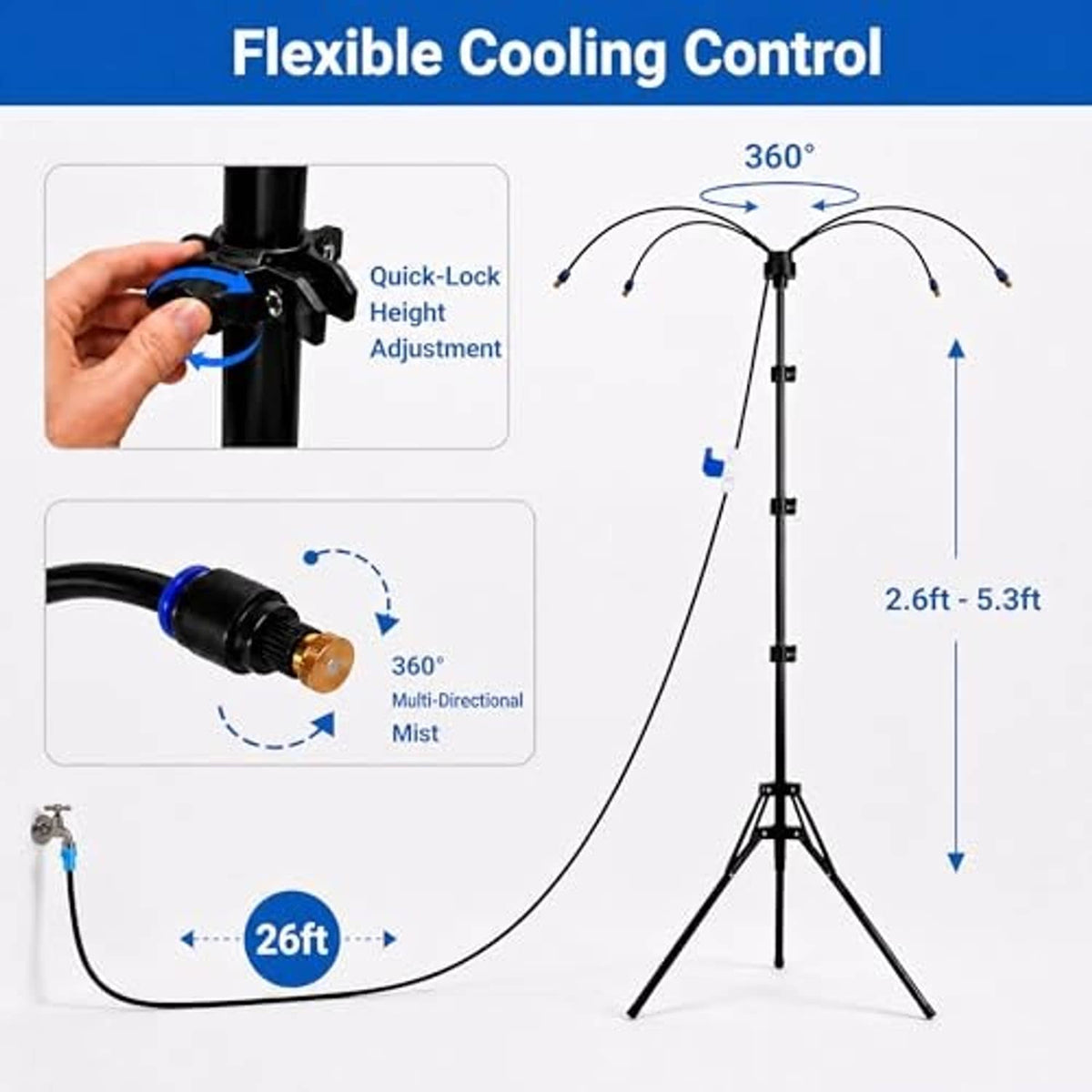 Adjustable outdoor misting tripod with black stand, hoses, and nozzle arc spray pattern