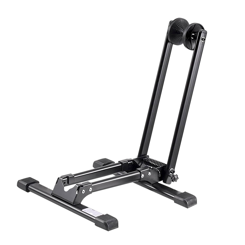 Black bicycle stand with front wheel strap and four rubberized foot pads