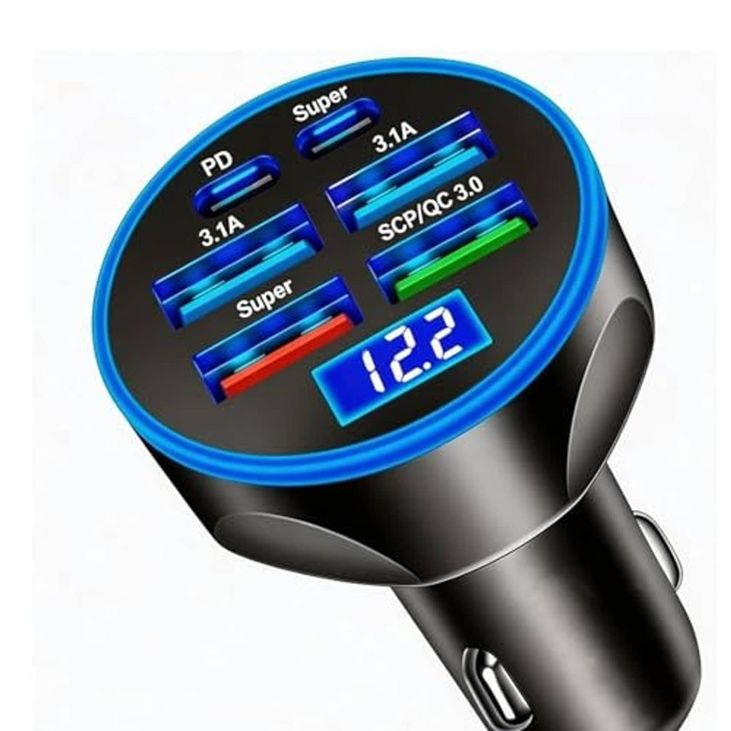 USB car cigarette lighter adapter, blue multiport USB layout and voltage display 12.2