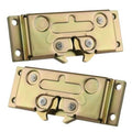 Metal door latch lock pair with mounting holes and latch lever, brass tone.