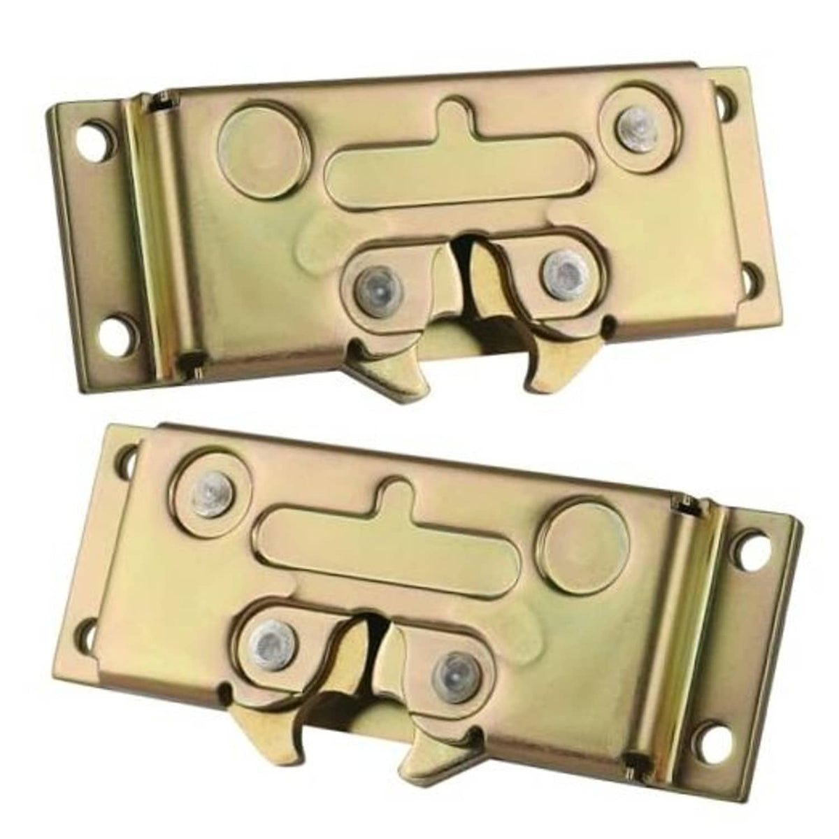Metal door latch lock pair with mounting holes and latch lever, brass tone.