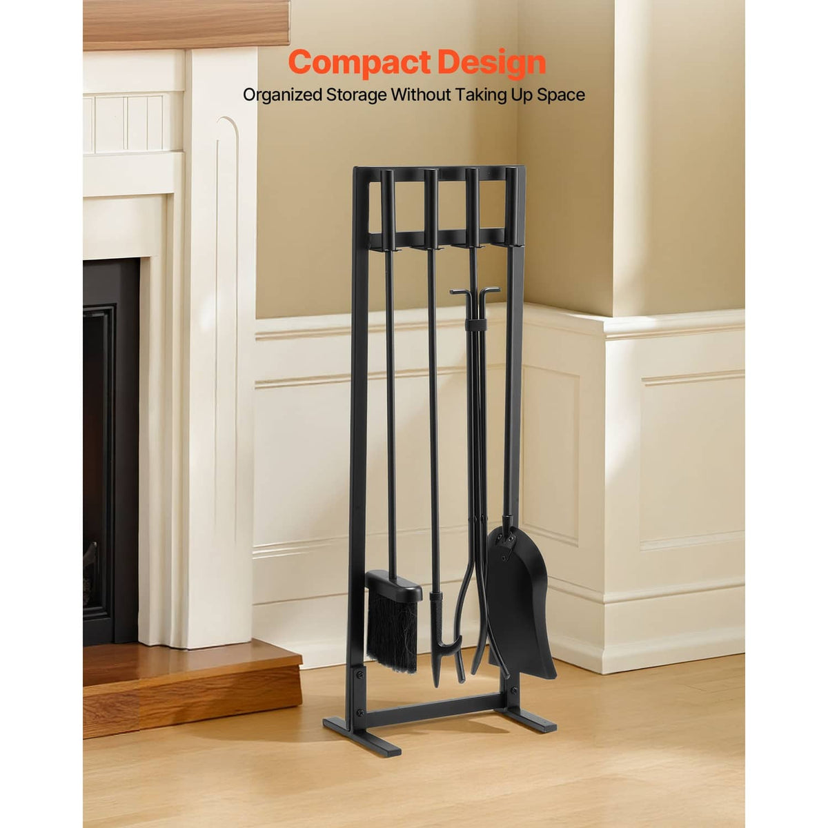 Black 5-piece fireplace tool set with square stand and four hanging tools: tongs, shovel, brush, poker