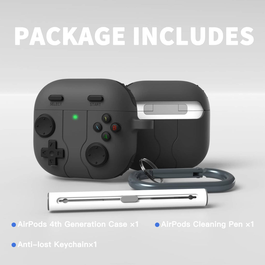 Black AirPods 4 game case with keychain and cleaning pen, package includes