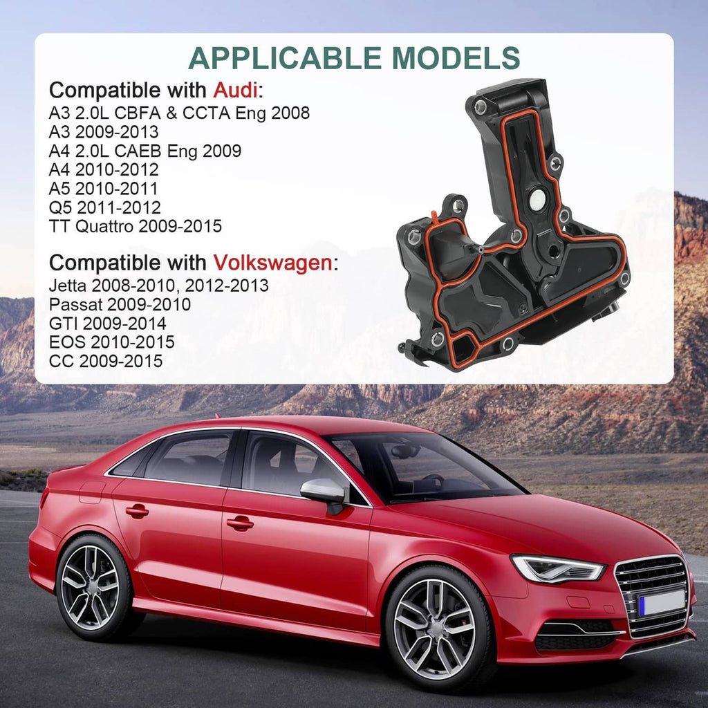 PCV oil separator valve assembly with car compatibility graphic behind