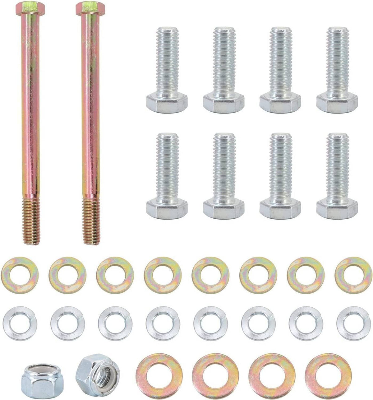 Engine mount hardware set with long bolts, short bolts, washers, and nuts