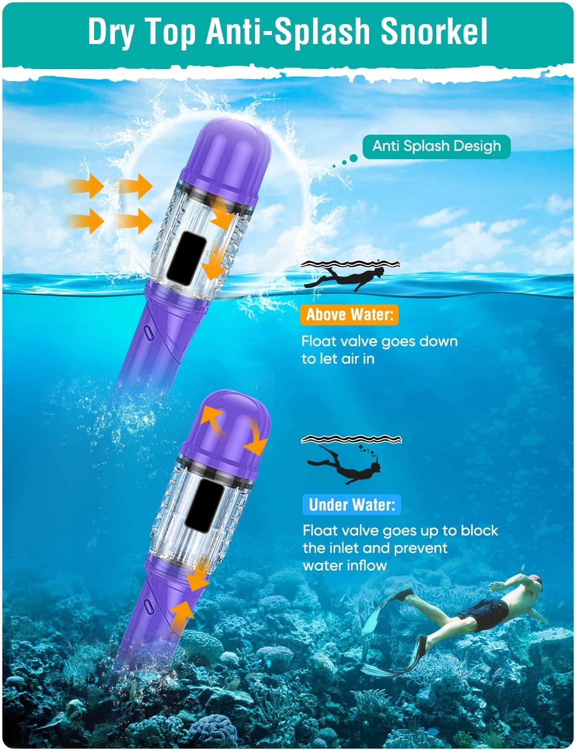 Dry-top anti-splash snorkeling snorkel with purple top and clear tube