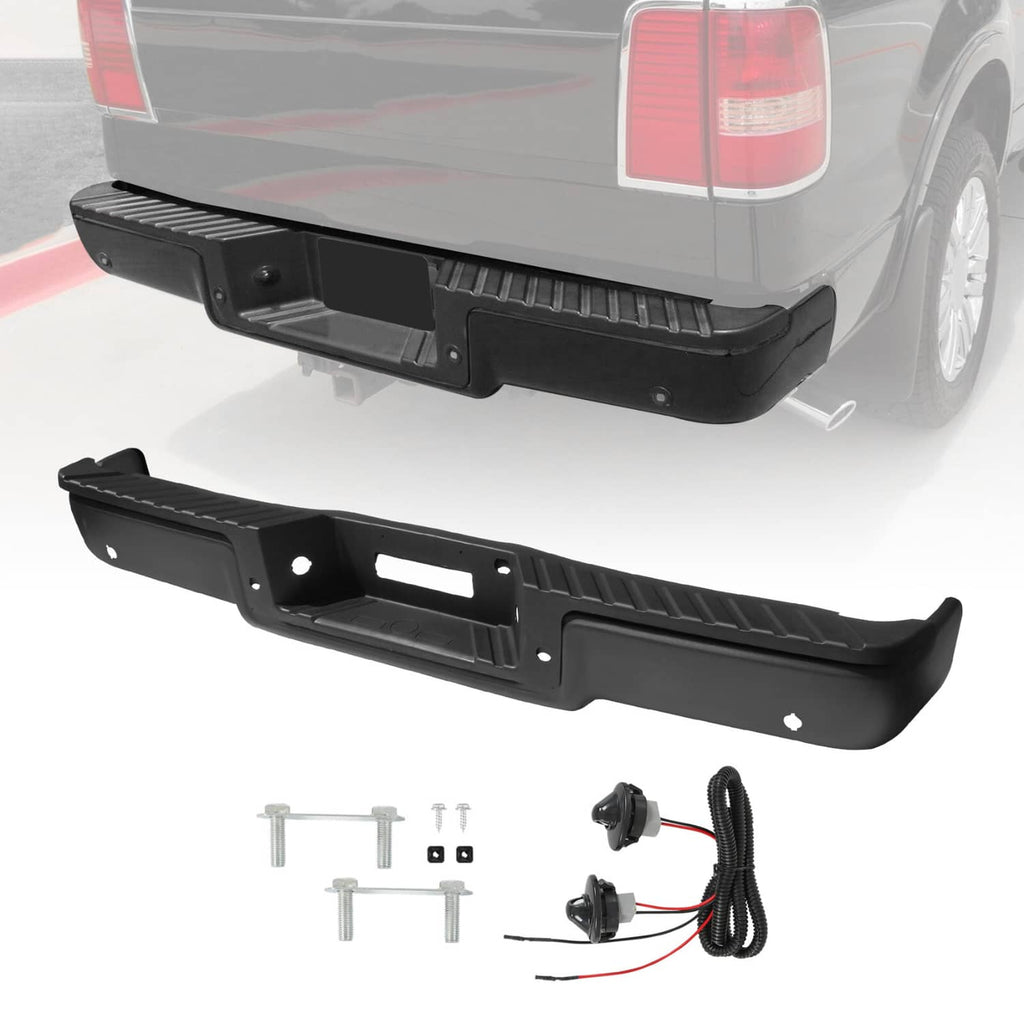 Black rear step bumper assembly with textured tread and mounting holes