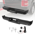 Black rear step bumper assembly with textured tread and mounting holes