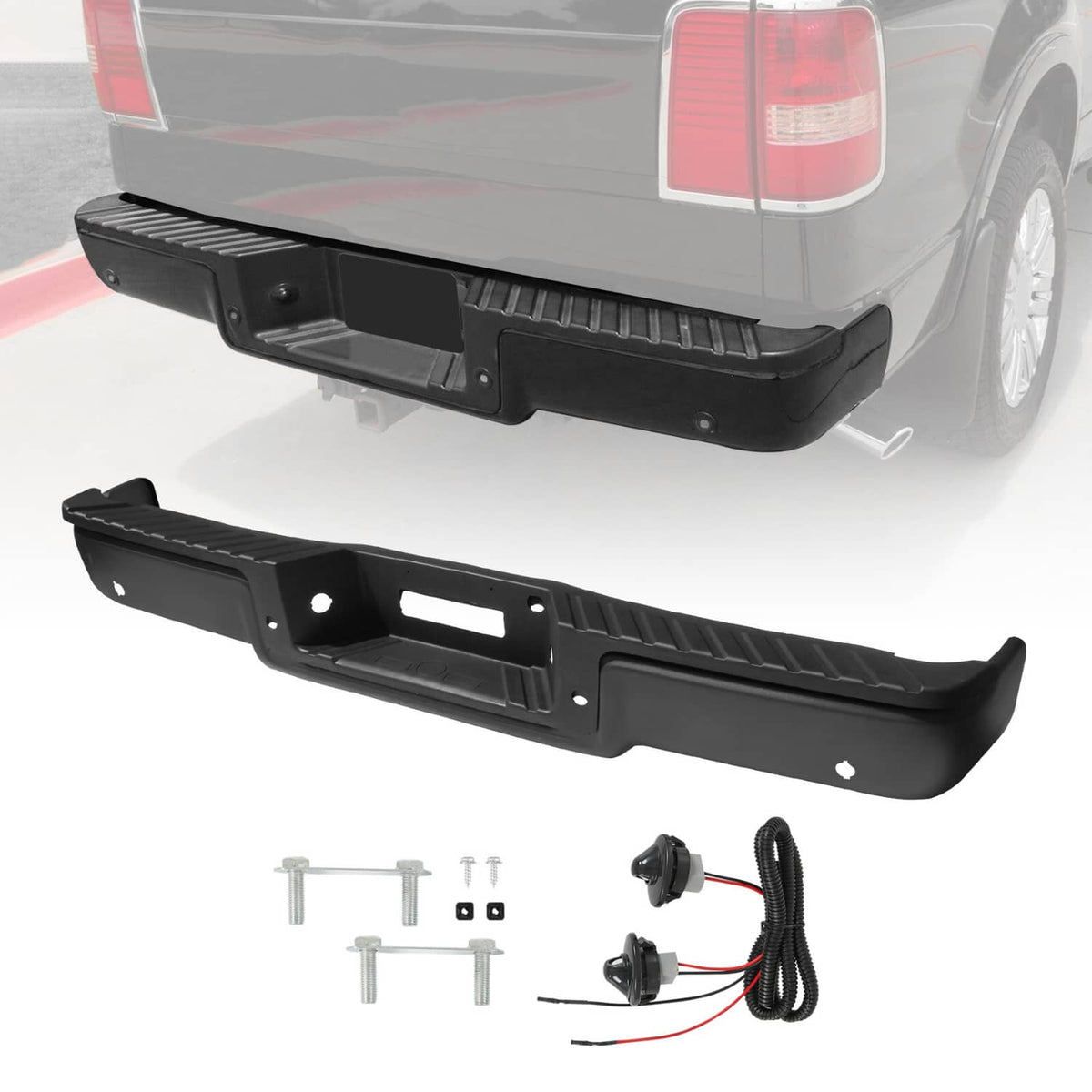 Black rear step bumper assembly with textured tread and mounting holes