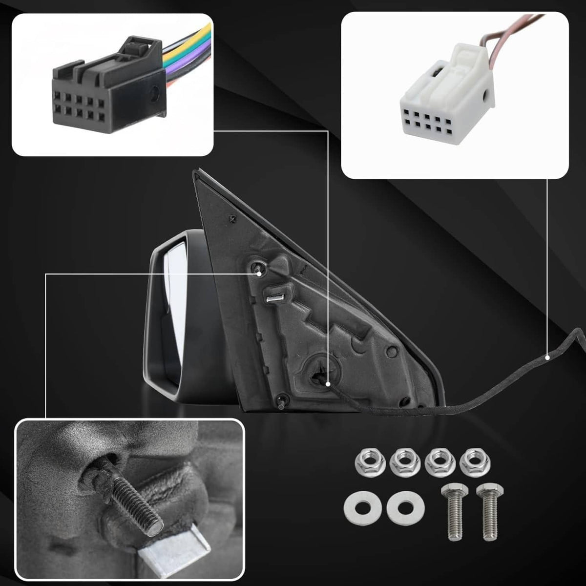 Left driver-side heated mirror housing with wiring and mounting hardware, black finish