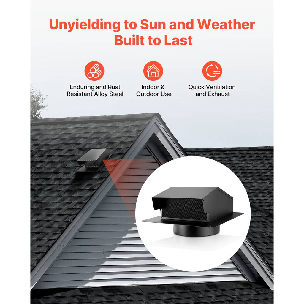 Black hooded roof exhaust vent cover with square louver opening