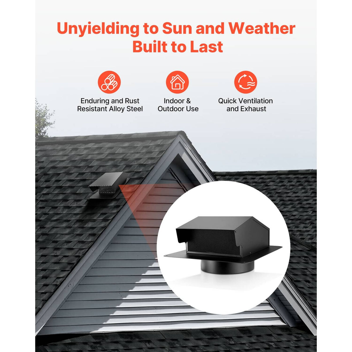 Black hooded roof exhaust vent cover with square louver opening