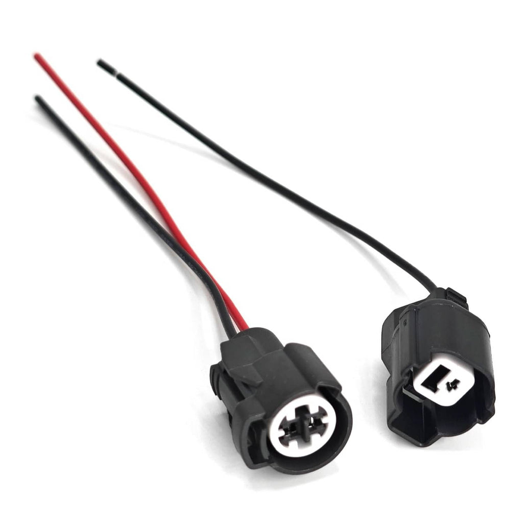 Oil pressure switch wire pigtail kit, side view of two black plug connectors with leads