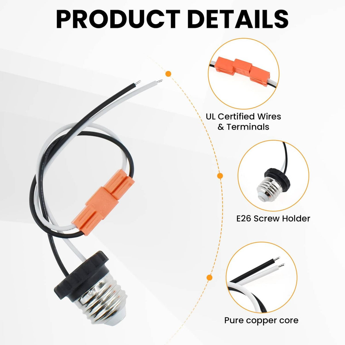 Close-up of E26 screw adapter cable with light orange terminals and black socket holder