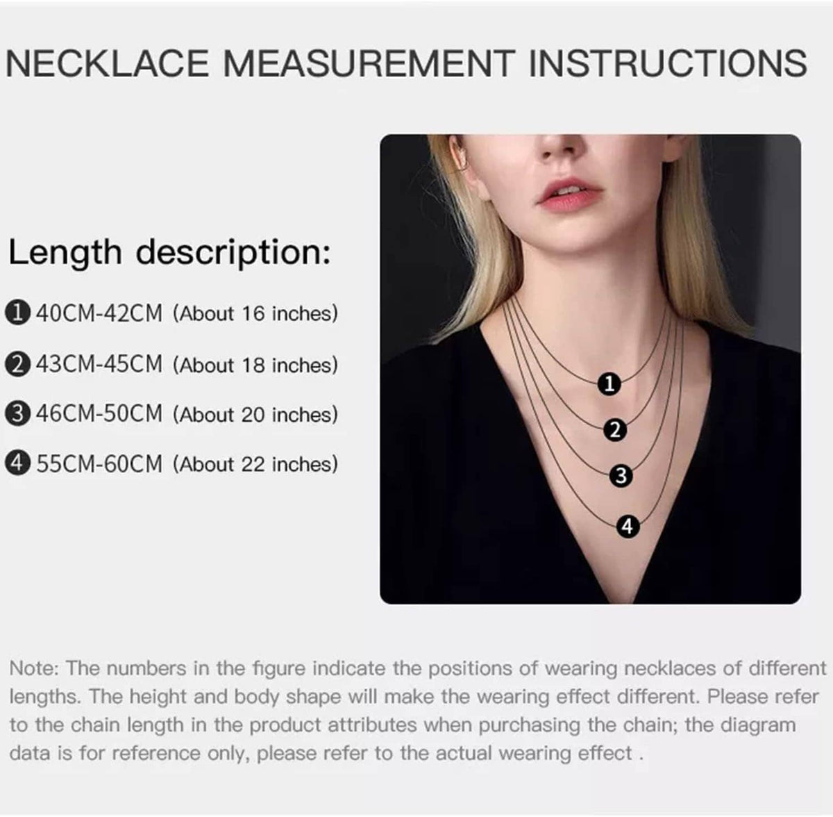 Necklace measurement chart with CZ tennis necklace illustration