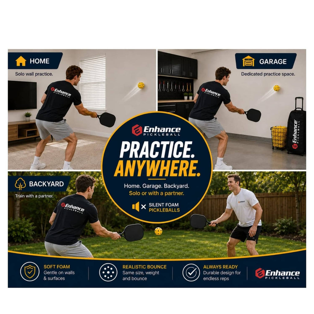 Yellow silent foam pickleballs with black dots for practice anywhere.