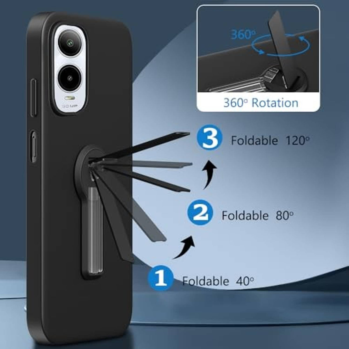 Black phone case with foldable kickstand ring and slim profile