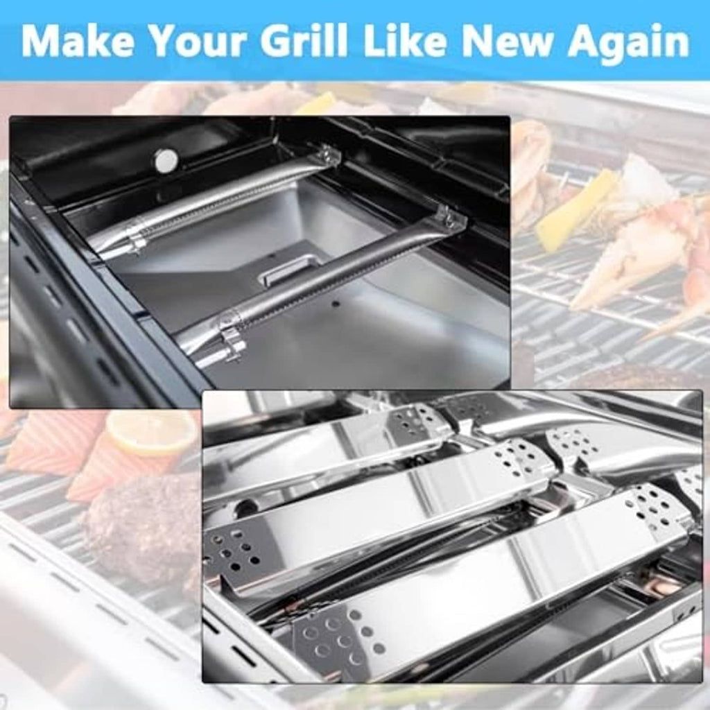 Stainless flame burner bars and burners installed inside the grill firebox