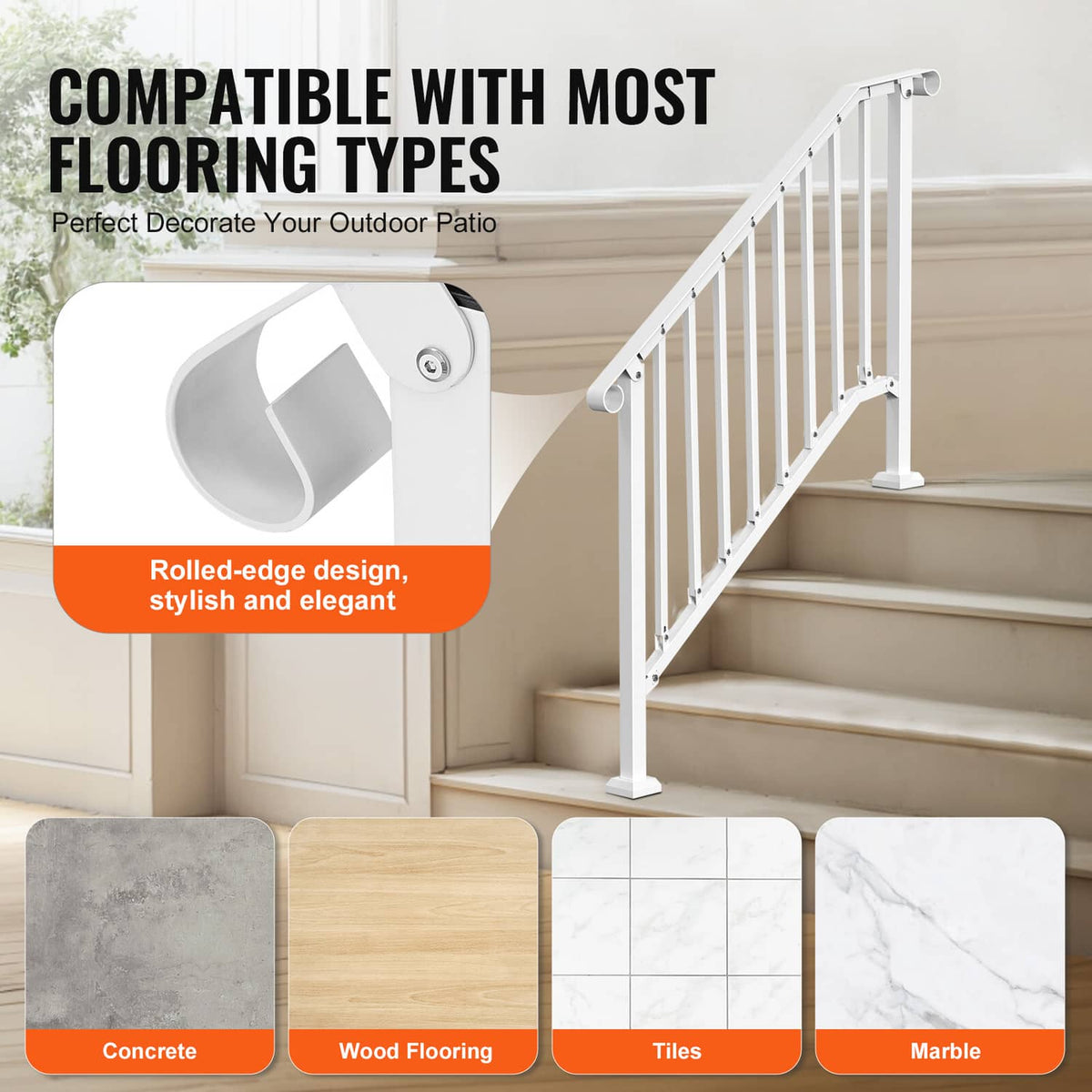 White stair railing with rounded end caps and vertical balusters