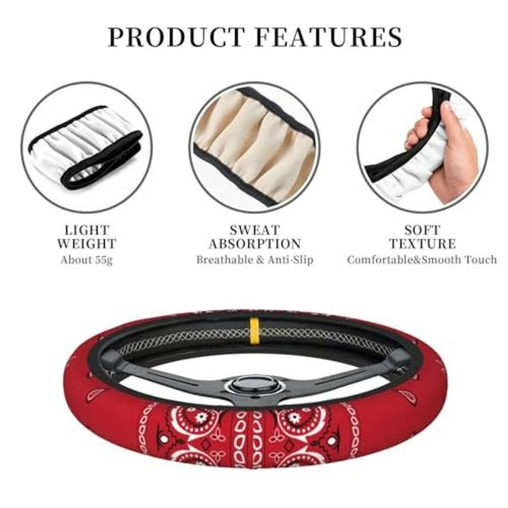 Red steering wheel cover with black inner ring and colorful paisley print, top view
