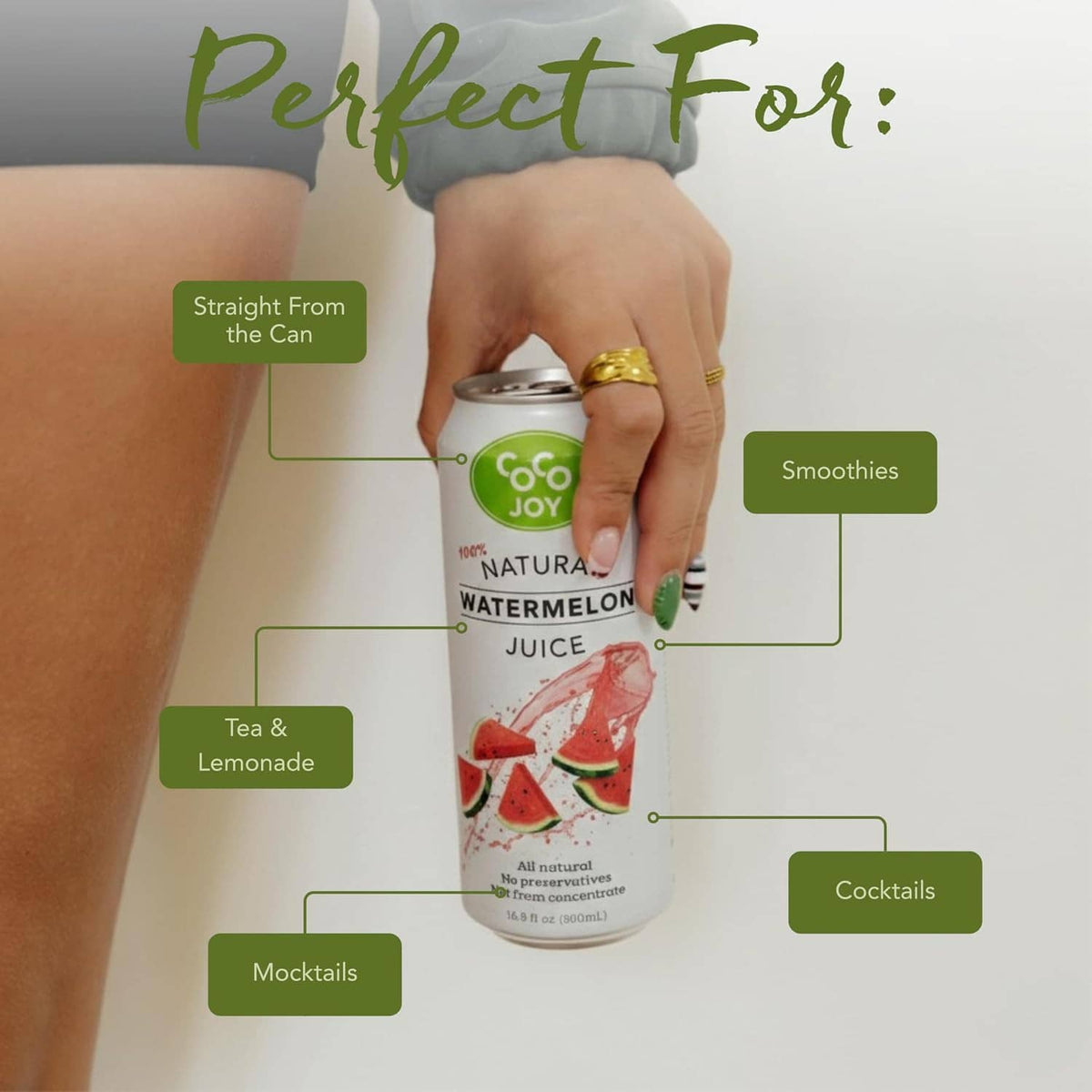 Coco Joy watermelon juice can held in a hand, label facing forward