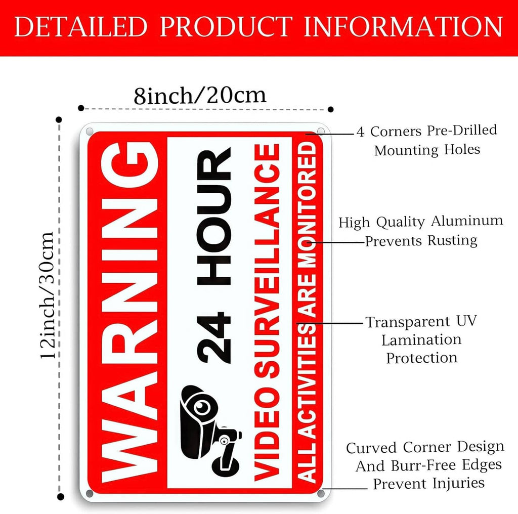 Red warning CCTV sign with size markings, 4 pre-drilled corner holes on aluminum