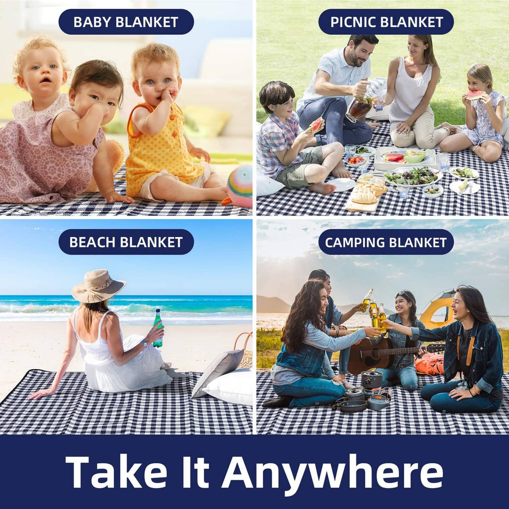 Blue and white checkered blanket shown for outdoor sitting