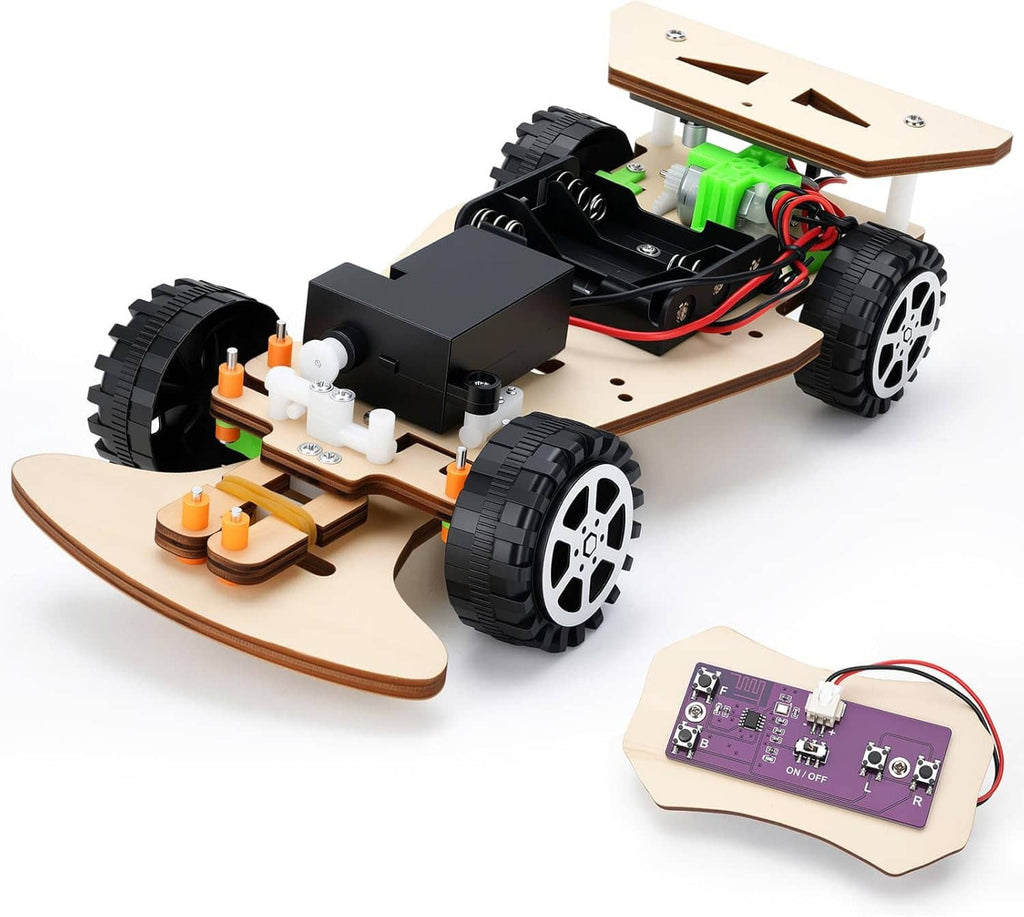 Wooden STEM racing car kit with thick tires and purple remote control PCB