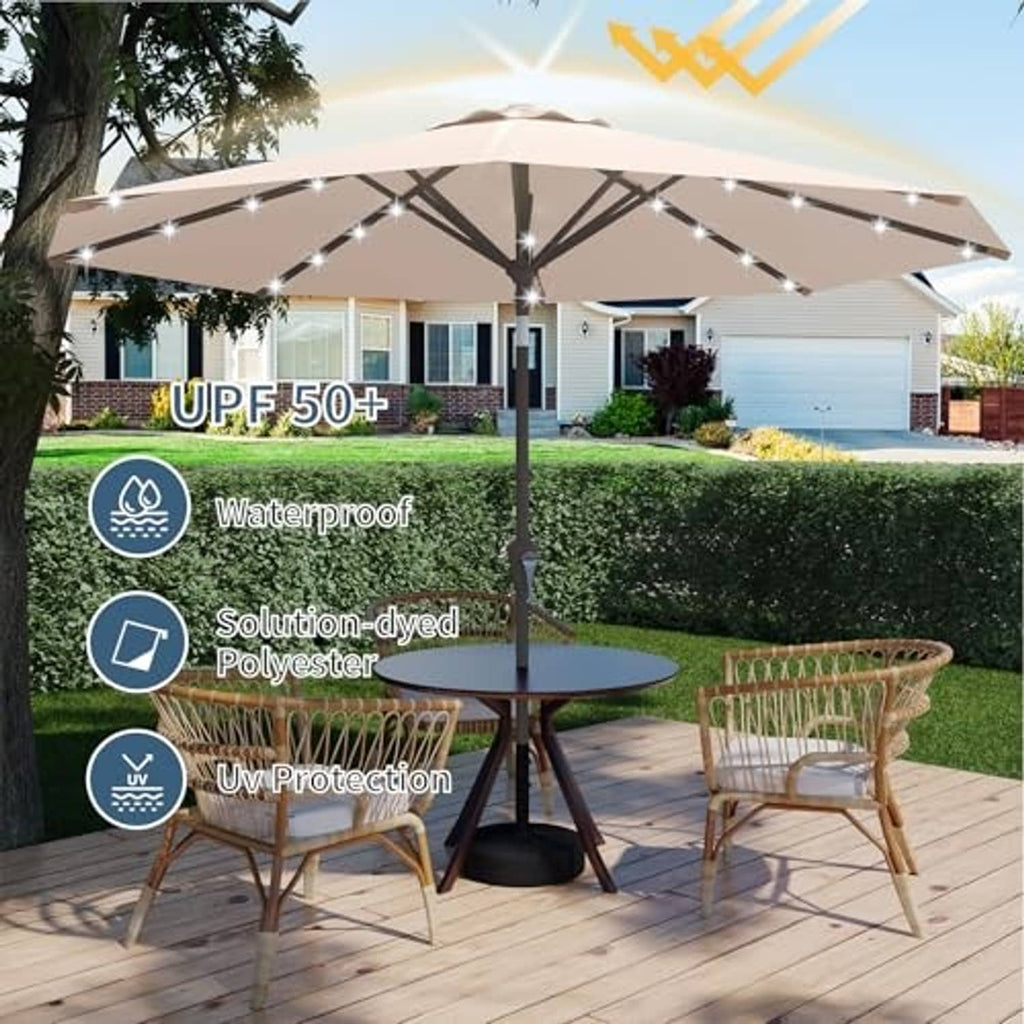 Beige patio umbrella with solar LED lights on black ribs