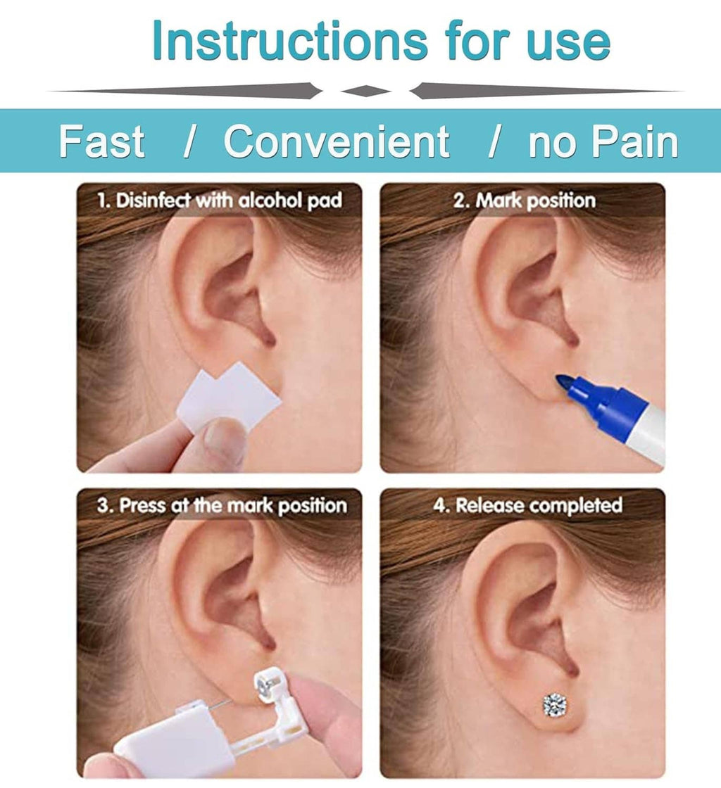 Ear piercing instruction card with step images for disinfecting and pressing