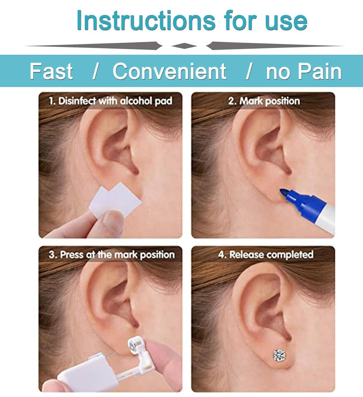Ear piercing instruction card with step images for disinfecting and pressing