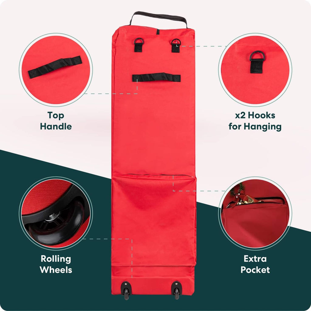 Red tree storage bag with top handle, rolling wheels, and hanging hooks