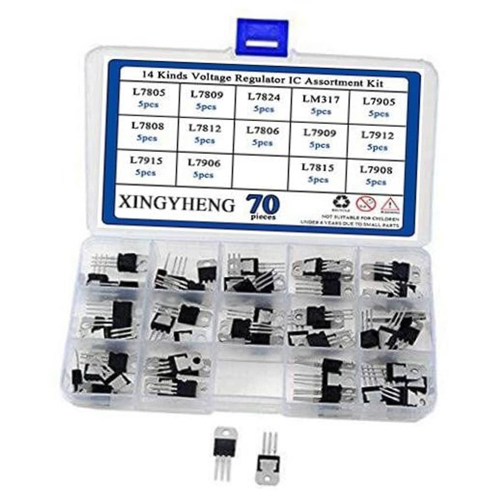 Voltage regulator IC assortment kit in clear organizer case with labeled compartments