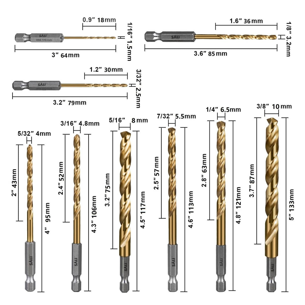 Cobalt drill bit set diagram with hex shanks and gold spiral sizes, 9-pack