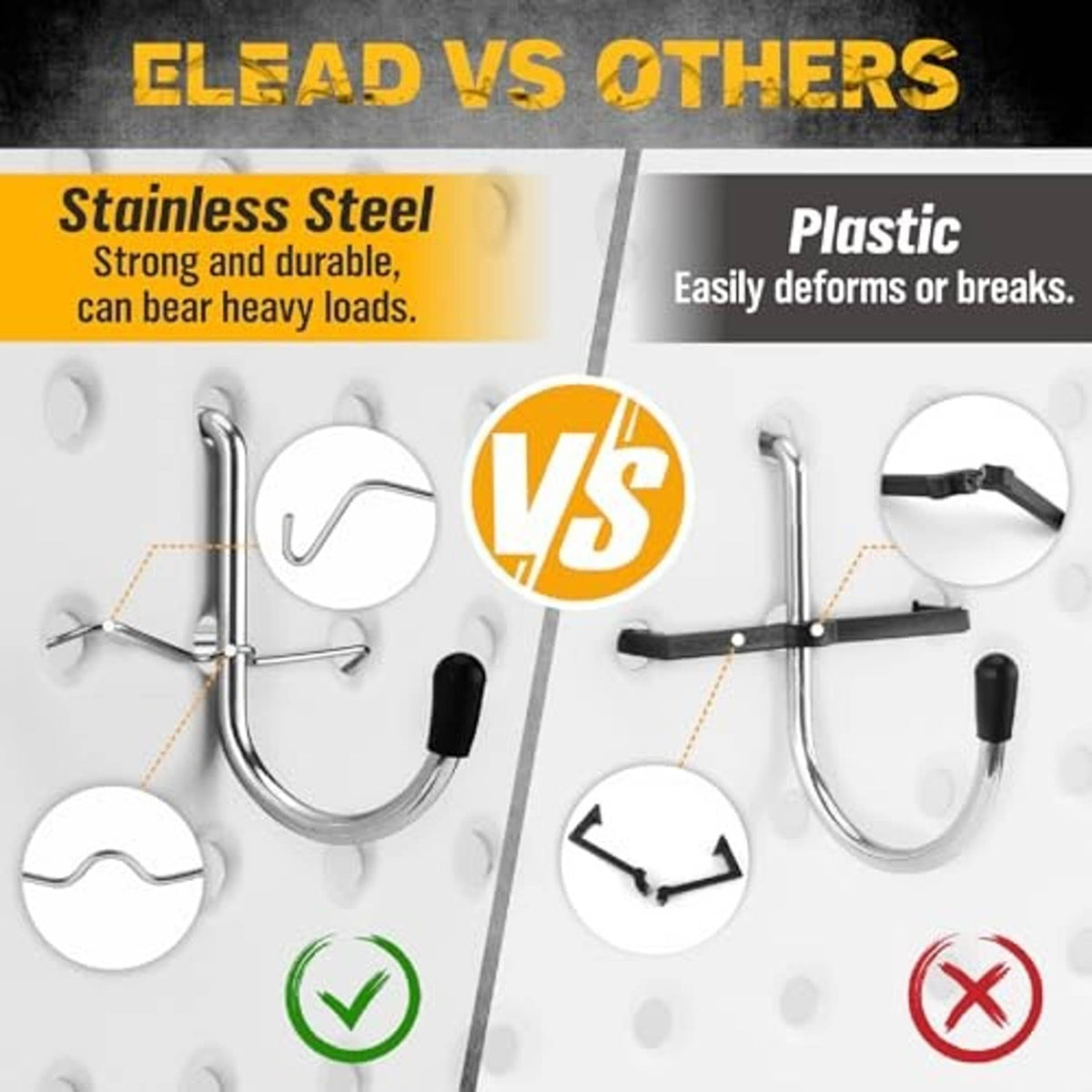 Pegboard hook material comparison infographic with stainless metal and plastic hooks