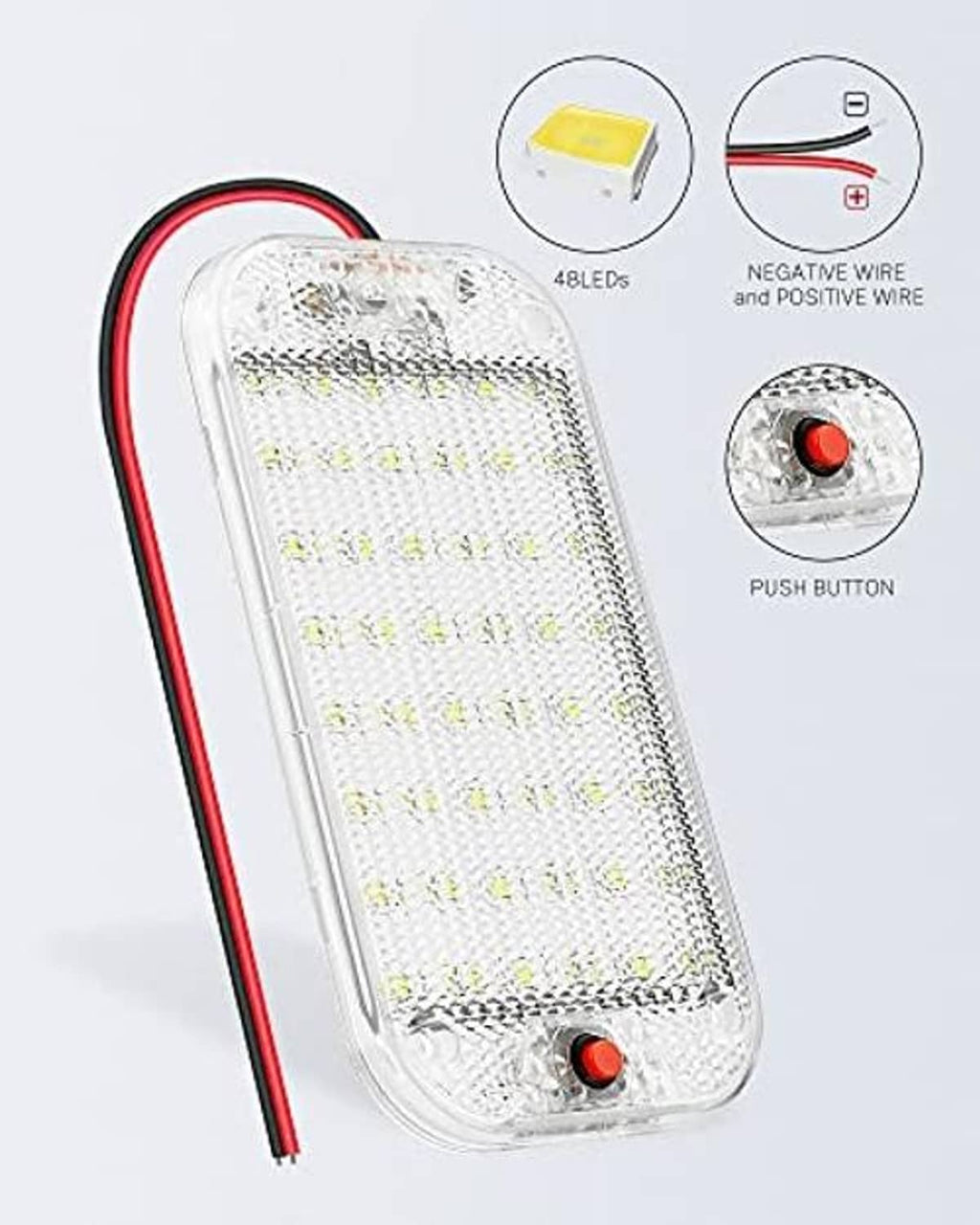 RV LED dome light with clear lens, red/black wires, and push-button