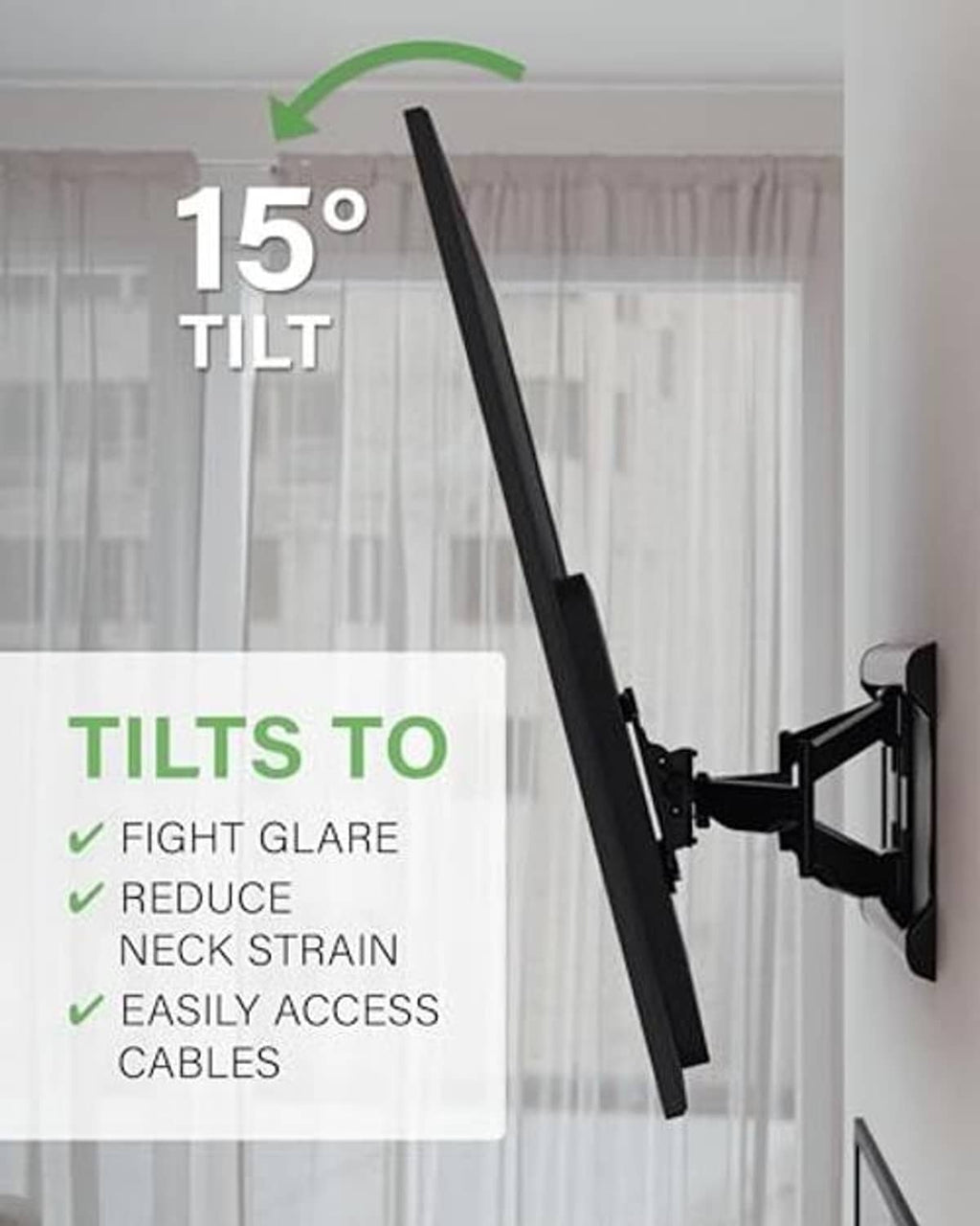 Black full-motion TV wall mount angled outward with tilt bracket arms