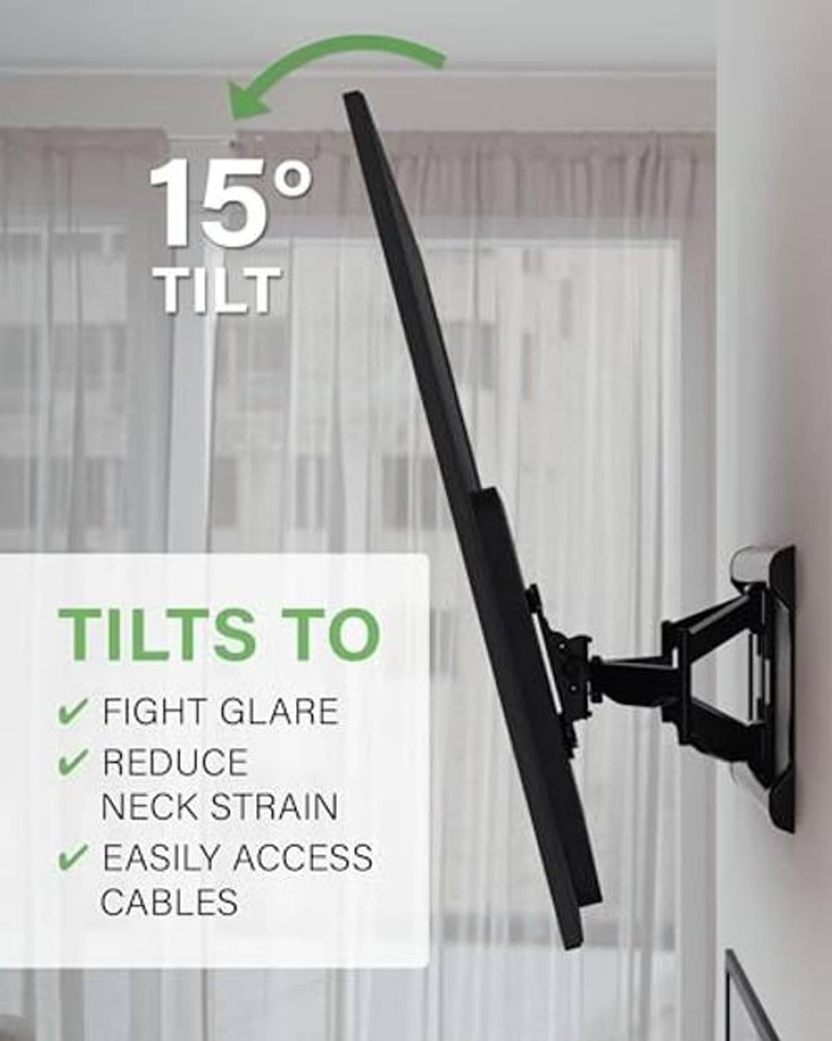 Black full-motion TV wall mount angled outward with tilt bracket arms
