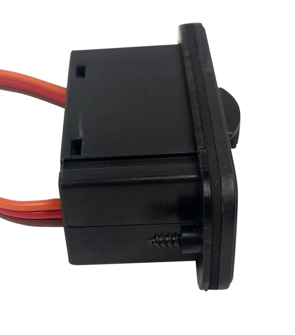 RC on/off switch module with red/orange wires and black connector housing, side view