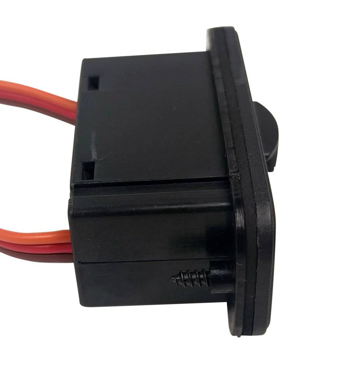 RC on/off switch module with red/orange wires and black connector housing, side view